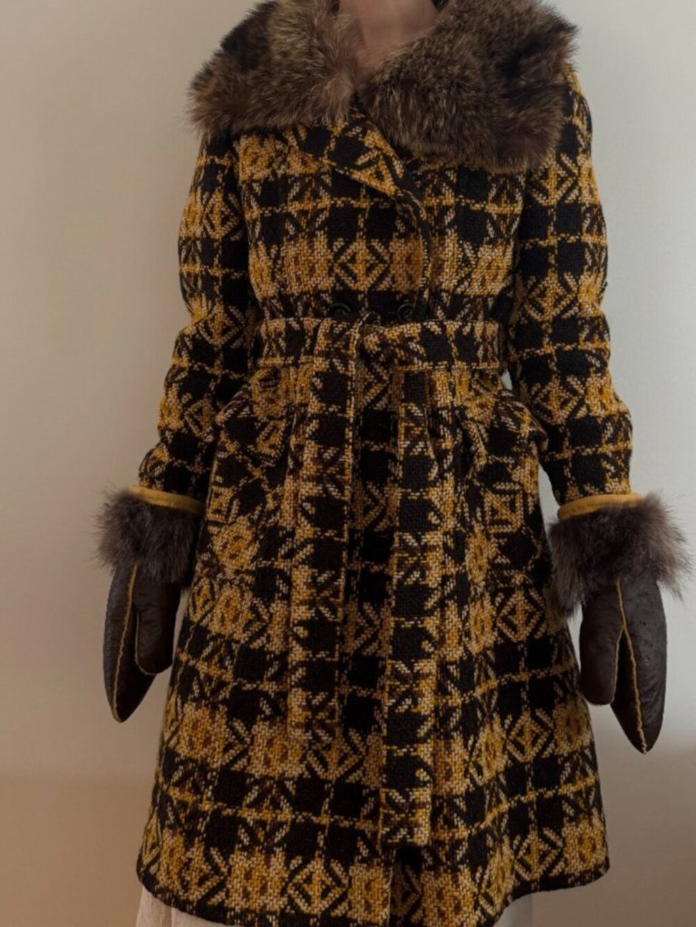 Genuine Coat Vintage Plaid Tweed Princess Swing Fur Collar Belted Mustard
